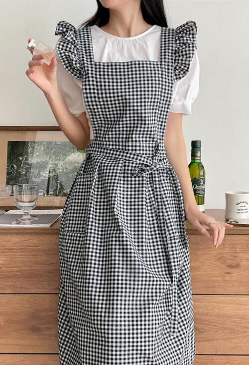 어깨프릴 딥네이비체크 롱 앞치마