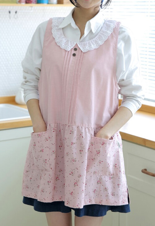 레이스카라핑크♡원피스형앞치마[ 빅사이즈 주문제작가능 ][인디핑크색상이 너무 예쁘고 귀여운 레이스카라가 포인트입니다^^]