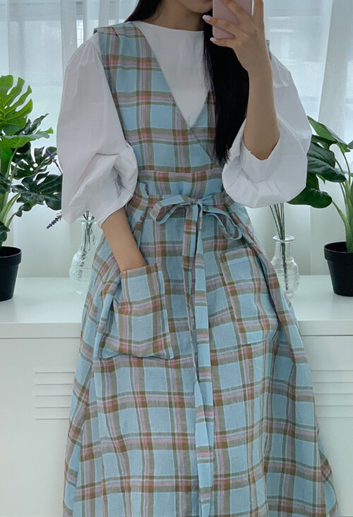 올리비아 블루체크 롱원피스앞치마 / 100% 핸드메이드 / 자체제작 수제앞치마
