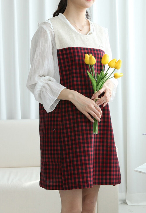 레드체크린넨♡원피스형앞치마[빅사이즈 주문제작가능]