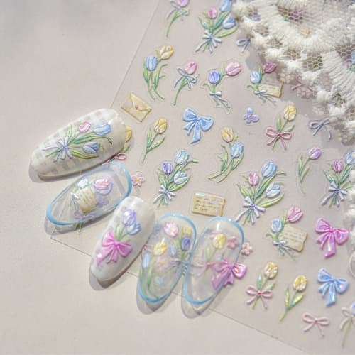 여리여리 파스텔 튤립 리본 네일 스티커